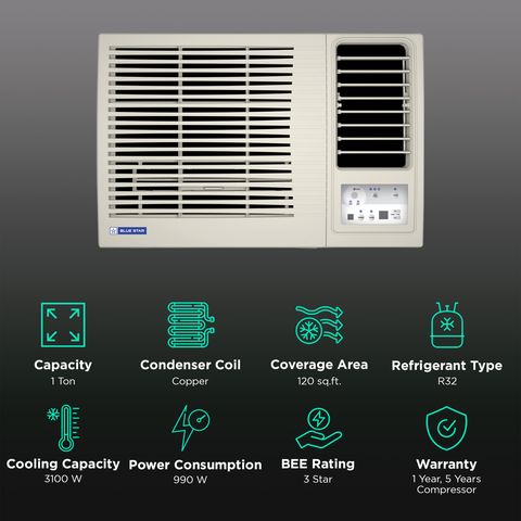 Blue Star L Series 1 Ton 3 Star Fixed Speed Window AC (2024 Model, Copper Condenser, Dust Filter, WFD312L)