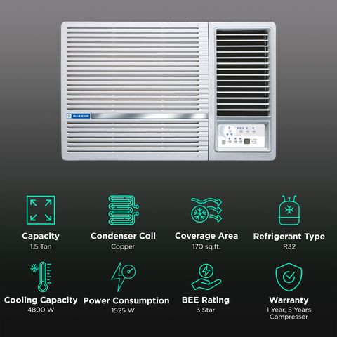 Blue Star L Series 1.5 Ton 3 Star Fixed Speed Window AC (2024 Model, Copper Condenser, Dust Filter, WFD318L)