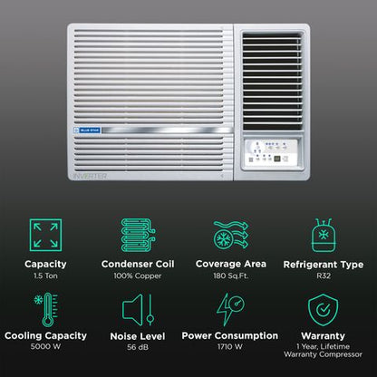 Blue Star L Series 1.5 Ton 3 Star Inverter Window AC (2024 Model, Copper Condenser, Dust Filter, WID318L)