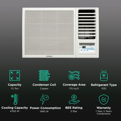 HITACHI New Kaze Plus 1.5 Ton 3 Star Fixed Speed Window AC (2024 Model, Copper Condenser, Superfine Mesh Filter, RAW318HHDO)