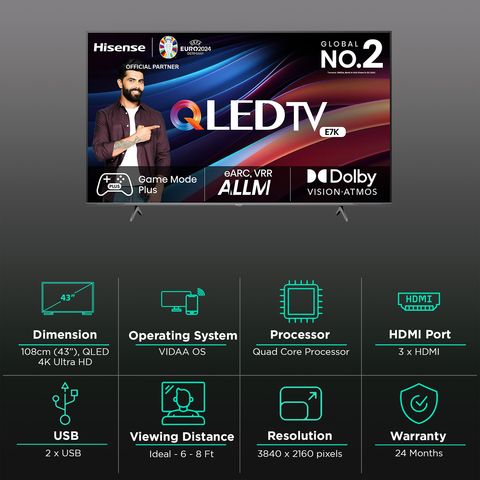 Hisense E7K 108 cm (43 inch) QLED 4K Ultra HD VIDAA TV with Dolby Vision and Dolby Atmos (2023 model)