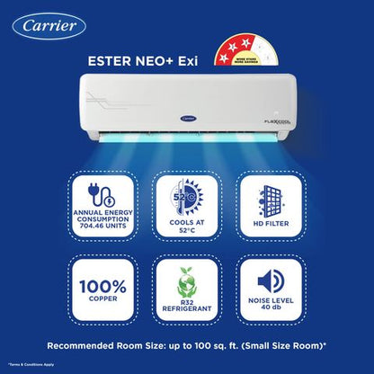 Carrier Ester Neo Plus Exi 6 in 1 Convertible 1 Ton 3 Star Inverter Split AC with Auto Cleanser (2024 Model, Copper Condenser, CAI12ER3R34F0)