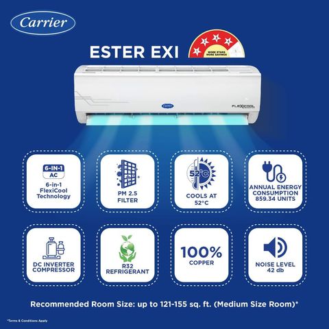 Carrier Ester Neo Exi 6 in 1 Convertible 1.5 Ton 4 Star Inverter Split AC with Auto Cleanser (2024 Model, Copper Condenser, CAI18ES4R33F0)