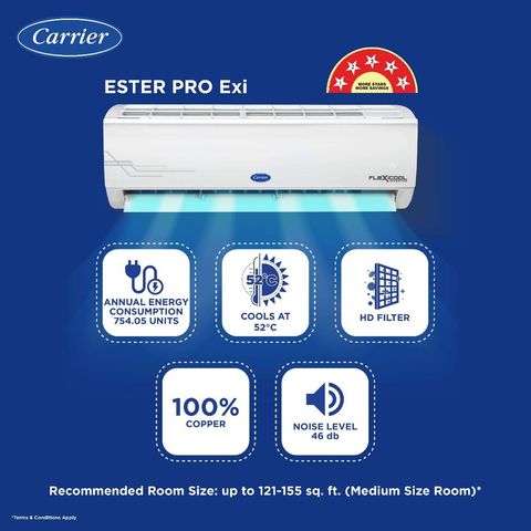 Carrier Ester Pro Exi 6 in 1 Convertible 1.5 Ton 5 Star Inverter Split AC with Auto Cleanser (2024 Model, Copper Condenser, CAI18ES5R34F1)