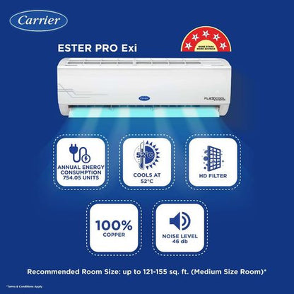 Carrier Ester Pro Exi 6 in 1 Convertible 1.5 Ton 5 Star Inverter Split AC with Auto Cleanser (2024 Model, Copper Condenser, CAI18ES5R34F1)