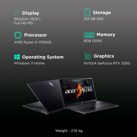 acer ANV15-41-R2VD AMD Ryzen 5 Gaming Laptop (8GB, 512GB, Windows 11, 6GB Graphics, 15.6 inch 144 Hz Full HD IPS LED Backlit Display, NVIDIA GeForce RTX 3050, MS Office 2021, Obsidian Black, 2.10 Kg)