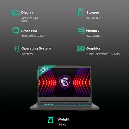 MSI Thin 15 Intel Core i7 13th Gen Gaming Laptop (16GB, 512GB SSD, Windows 11 Home, 4GB Graphics, 15.6 inch 144 Hz FHD Display, NVIDIA GeForce RTX 3050, MS Office 2021, Cosmos Gray, 1.86 KG)