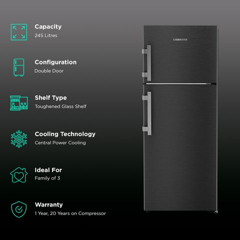 LIEBHERR Pure 245 Litres 2 Star Frost Free Double Door Refrigerator with Antibacterial Gasket (TCLbsB 2411, Black Steel)