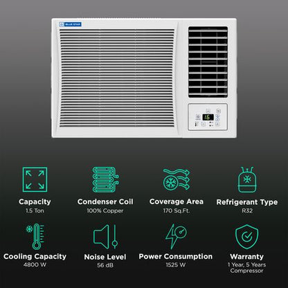 Blue Star P Series 1.5 Ton 3 Star Fixed Speed Window AC (2024 Model, Copper Condenser, WFD318P)