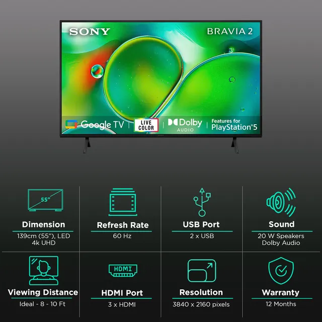 SONY Bravia 2 139.7 cm (55 inch) 4K Ultra HD Google TV with Live Colour Technology (2024 model)