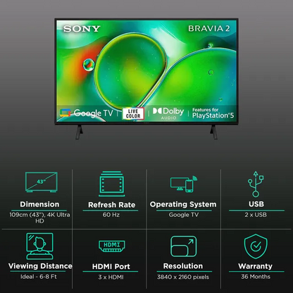 SONY Bravia 2 109 cm (43 inch) 4K Ultra HD LED Google TV with Dolby Audio( 2024 Model)