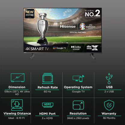 Hisense A65N 139 cm (55 inch) LED 4K Ultra HD Google TV with Dolby Vision and Dolby Digital (2024 model)