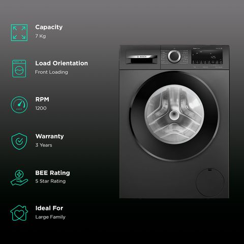 BOSCH 7 kg 5 Star Fully Automatic Front Load Washing Machine (Series 4, WGA12208IN, Anti Stain Program, Black)