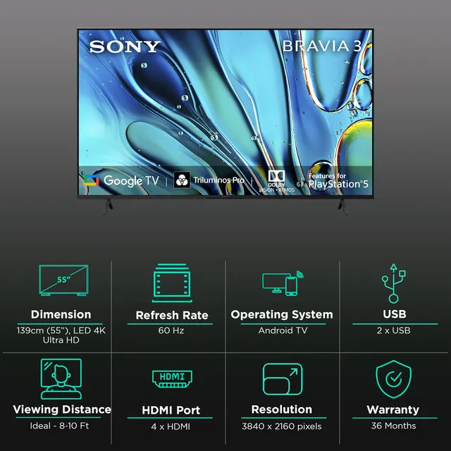 SONY Bravia 3 139 cm (55 inch) LED 4K Ultra HD Google TV with Dolby Vision & Dolby Atmos (2024 model)