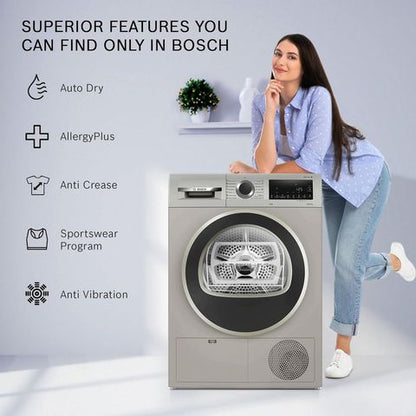 BOSCH 9 kg Fully Automatic Front Load Dryer (Series 4, WPG24108IN, In-Built Heater, Silver Inox)