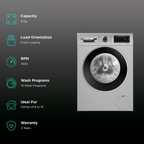 BOSCH 9 kg Fully Automatic Front Load Washing Machine (Series 6, WGA244ZSIN, Anti Wrinkle Feature, Silver)