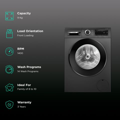 BOSCH 9 kg Fully Automatic Front Load Washing Machine (Series 6, WGA244ZTIN, Anti Wrinkle Feature, Black Grey)