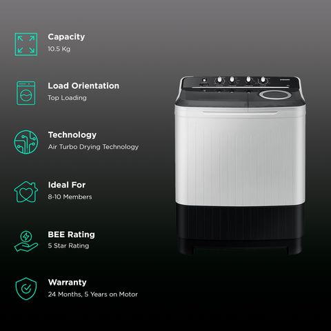 SAMSUNG 10.5 kg 5 Star Semi Automatic Washing Machine with Hexa Storm Pulsator (WT10C4260GG/TL, Light Gray)