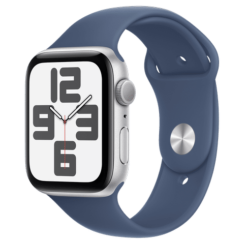 Apple Watch SE GPS with Denim Sport Band - M/L (44mm Retina LTPO OLED Display, Silver Aluminium Case)