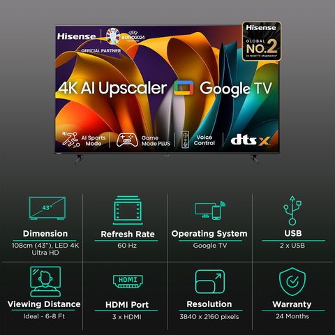 Hisense E6N 108 cm (43 inch) 4K Ultra HD LED Smart Google TV With 4K AI Upscaler (2024 Model)