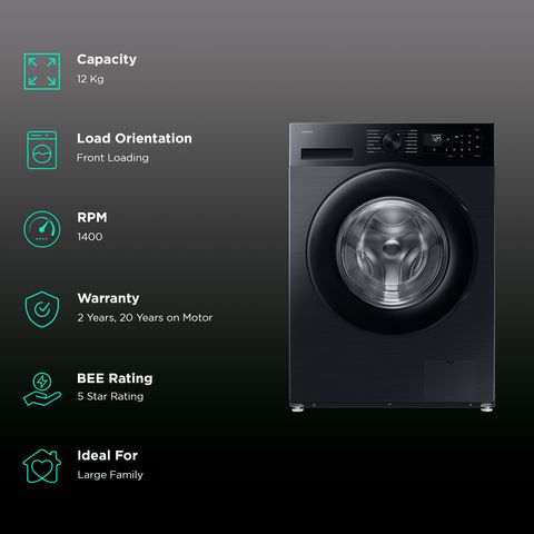 SAMSUNG 12 kg 5 Star Wi-Fi Inverter Fully Automatic Front Load Washing Machine (WW12DG5B24ABTL, AI Ecobubble, Navy)