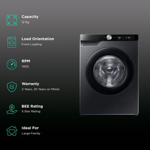 SAMSUNG 12 kg 5 Star Wi-Fi Inverter Fully Automatic Front Load Washing Machine (WW12DG6B24ABTL, AI Control, Black)