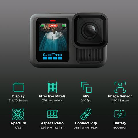 GoPro Hero 13 5.3K and 27.6MP 240 FPS Waterproof Action Camera with CMOS Sensor (Black)