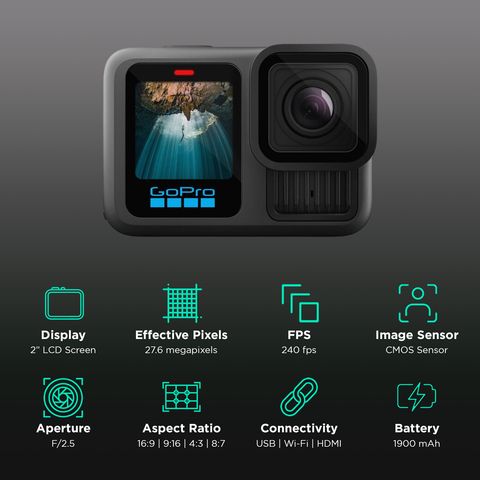 GoPro Hero13 Black Bundle 5.3K and 27.6MP 240 FPS Waterproof Sports Action Camera with Rechargeable Battery Pack (Black)