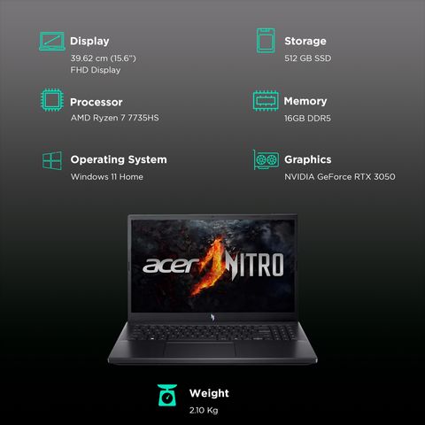 acer NITRO V 15 AMD Ryzen 7 Gaming Laptop (16GB, 512GB SSD, Windows 11 Home, 6GB Graphics, 15.6 inch 144 Hz Full HD Display, NVIDIA GeForce RTX 4050, MS Office 365, Obsidian Black, 2.1 KG)