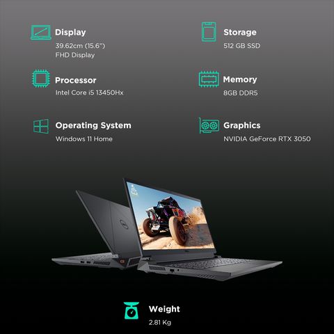 DELL G15 5530 Intel Core i5 13th Gen Gaming Laptop (8GB, 512GB SSD, Windows 11 Home, 6GB Graphics, 15.6 inch 120 Hz Full HD Display, NVIDIA GeForce RTX 3050, MS Office, Dark Shadow Gray, 2.81 KG)