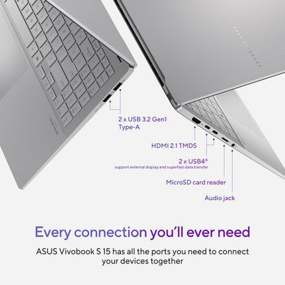 ASUS Vivobook S 15 Snapdragon X Plus X1P 42 100 Thin & Light Laptop (16GB, 1TB SSD, Windows 11 Home, 15.6 inch OLED Display, MS Office 2021, Cool Silver, 1.42 KG)