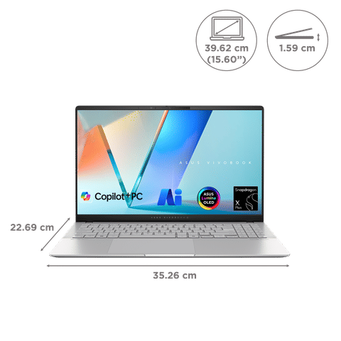 ASUS Vivobook S 15 Snapdragon X Plus X1P 42 100 Thin & Light Laptop (16GB, 1TB SSD, Windows 11 Home, 15.6 inch OLED Display, MS Office 2021, Cool Silver, 1.42 KG)