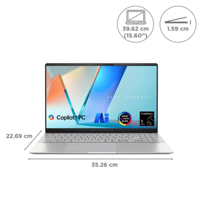 ASUS Vivobook S 15 Snapdragon X Plus X1P 42 100 Thin & Light Laptop (16GB, 1TB SSD, Windows 11 Home, 15.6 inch OLED Display, MS Office 2021, Cool Silver, 1.42 KG)