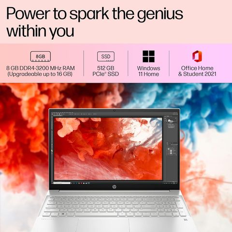 HP Pavilion 15 eh3036AU AMD Ryzen 5 7530U Thin & Light Laptop (8GB, 512GB SSD, Windows 11 Home, 15.6 inch Full HD Display, MS Office 2021, Silver, 1.75 KG)