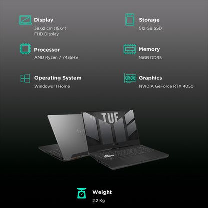 ASUS TUF Gaming A15 AMD Ryzen 7 Gaming Laptop (16GB, 512GB SSD, Windows 11 Home, 6GB Graphics, 15.6 inch 144 Hz Full HD Display, NVIDIA GeForce RTX 4050, Mecha Gray, 2.2 KG)