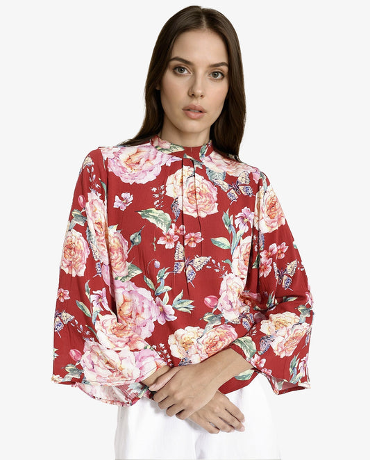 Rareism Women Naplesco Maroon Bell Sleeves High Neck Button Closure Floral Print Top