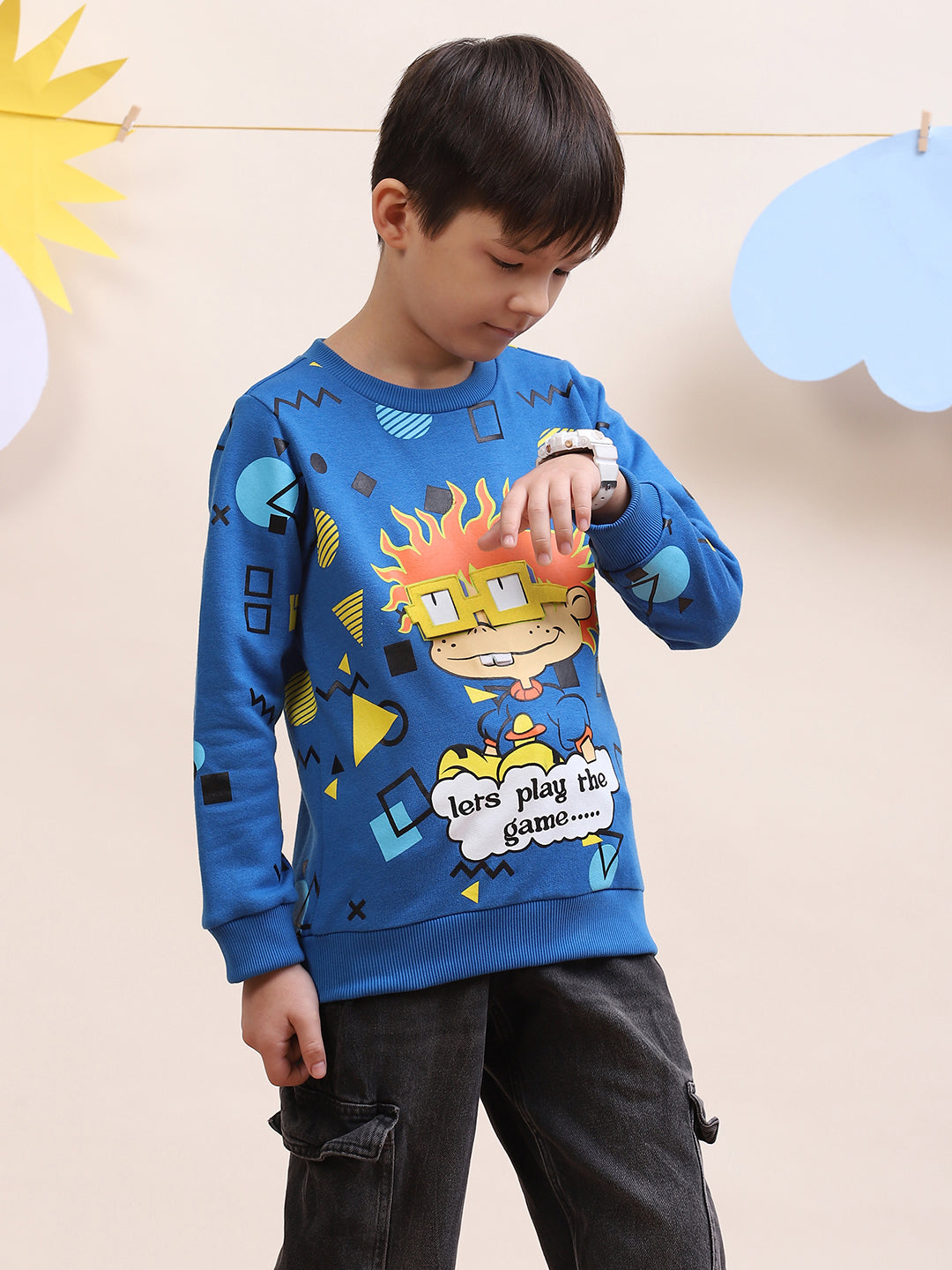 Boys' Blue Cartoon Graphic Sweatshirt - "Let’s Play the Game" Design