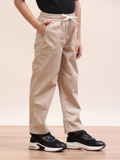 Spunkies Twill Cotton Woven Solid Regular Casual Wear Pant Boys Beige Soft Fabric