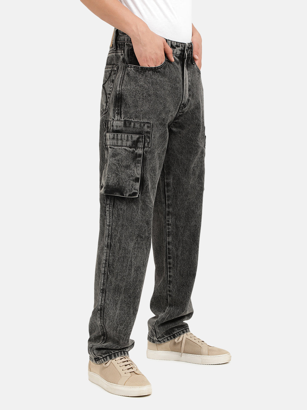 Men Grey Straight Fit Solid Denim Cargo Jeans