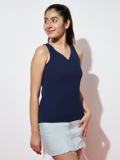 Teen Girls V Neck Navy Rib Top