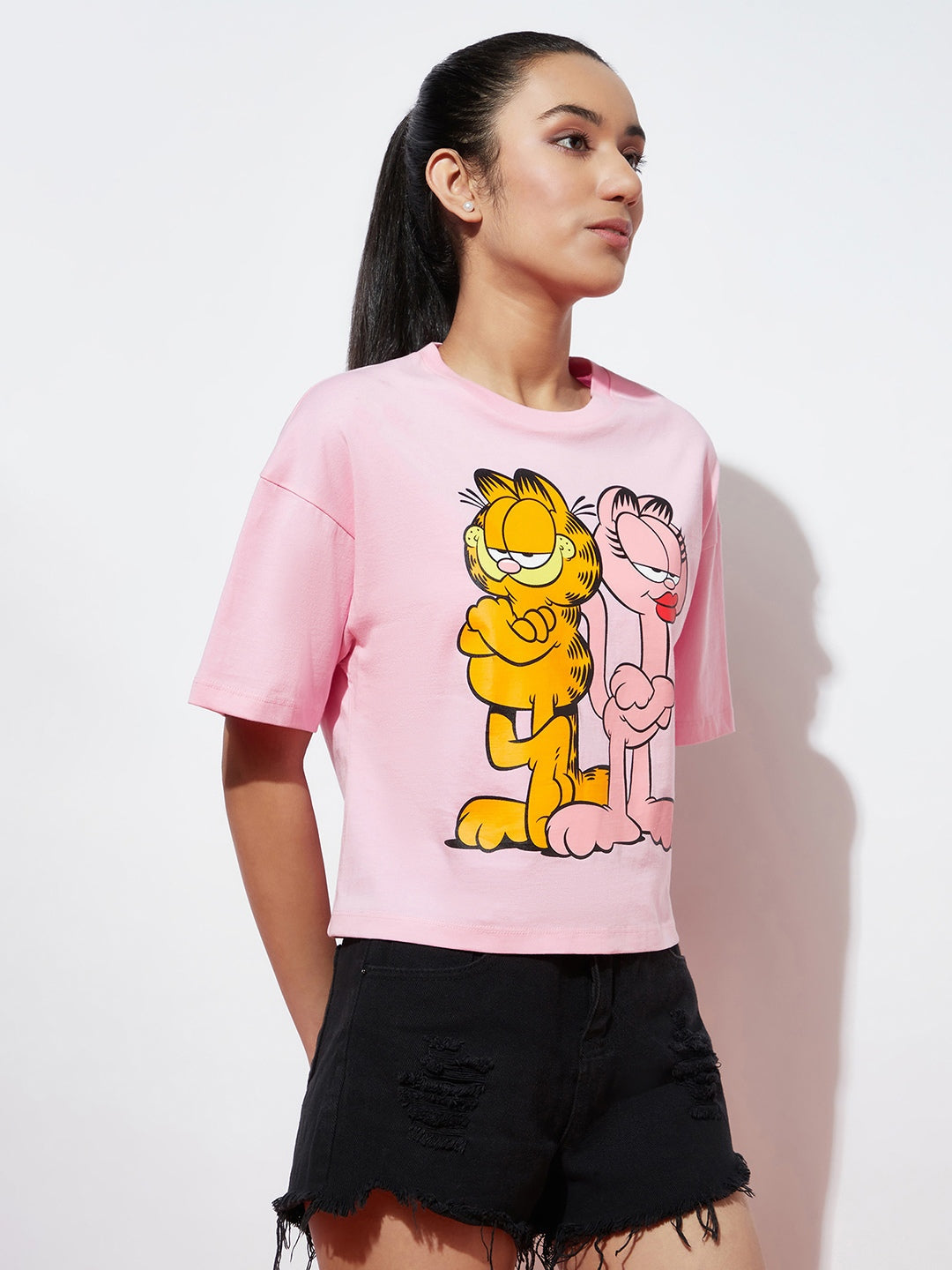 Teen Girls Oversized Pink Garfield T-shirt