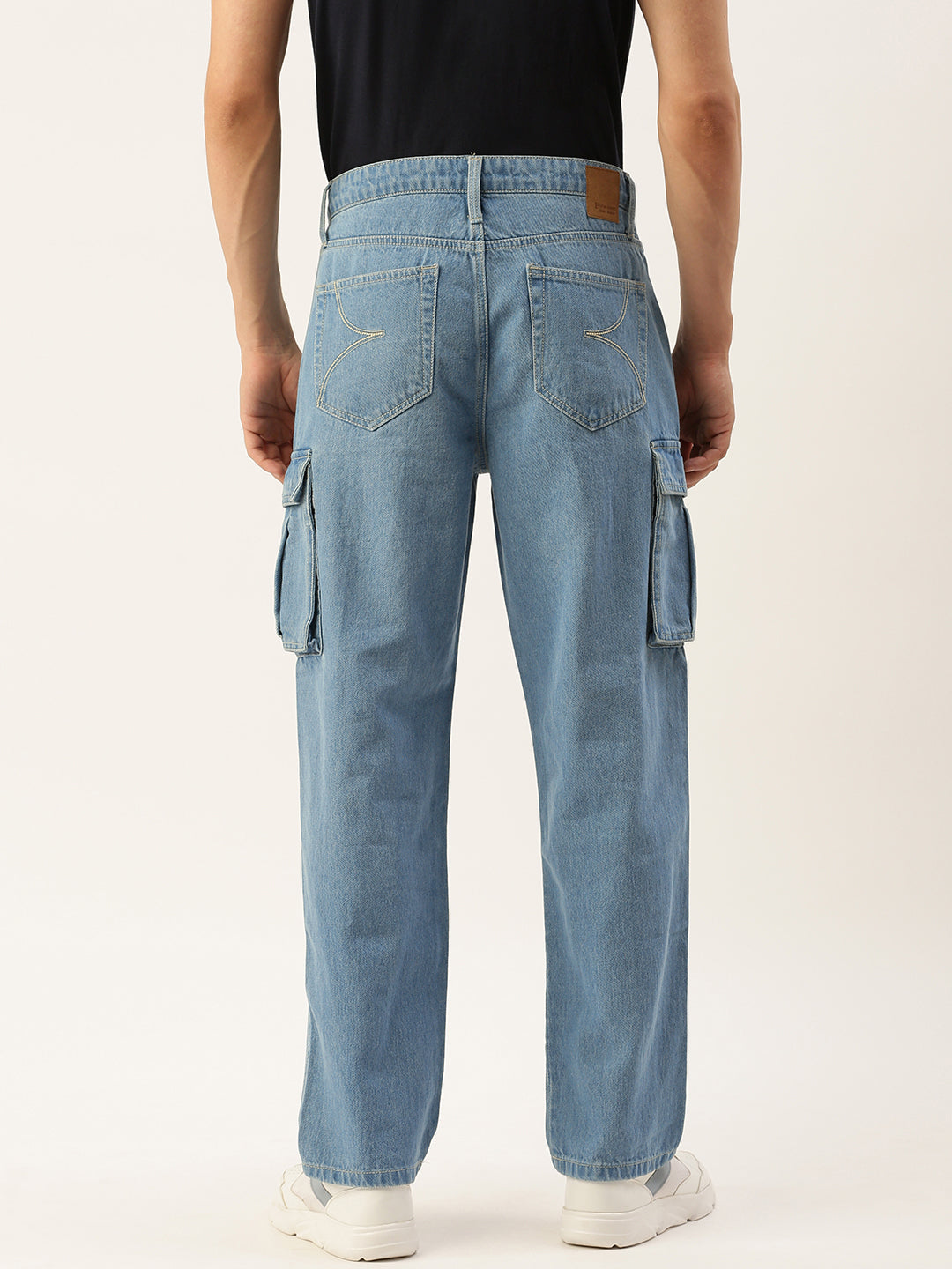 Men Light Blue Relaxed Fit Solid Cargo Jeans