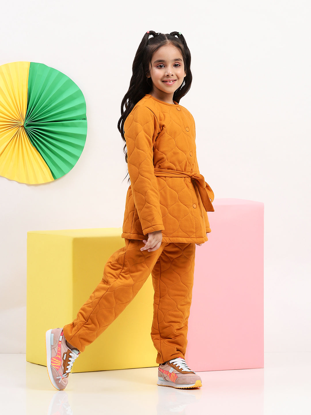 Girls' Quilted Mustard Jacket & Pant Set - Cozy & Stylish Two-Piece Outfit