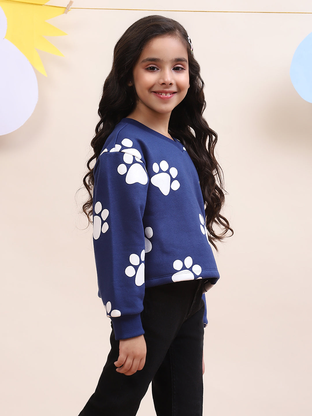 Girls Navy Blue Paw Print Sweatshirt