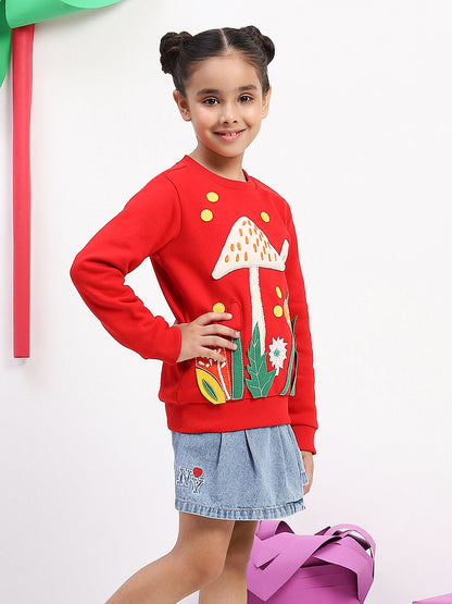 Spunkies Cotton Fleece Knit Padded Mushroom Embroidered Red Full Sleeves Girls Sweatshirt