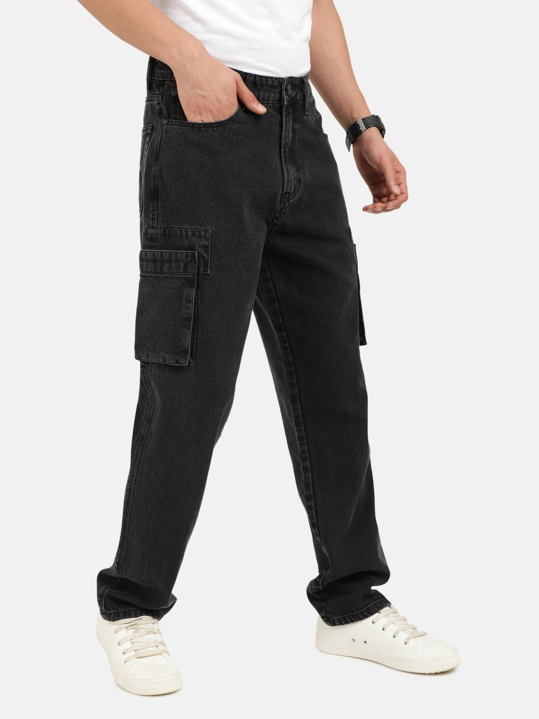 Men Charcoal Grey Straight Fit Solid Denim Cargo Jeans