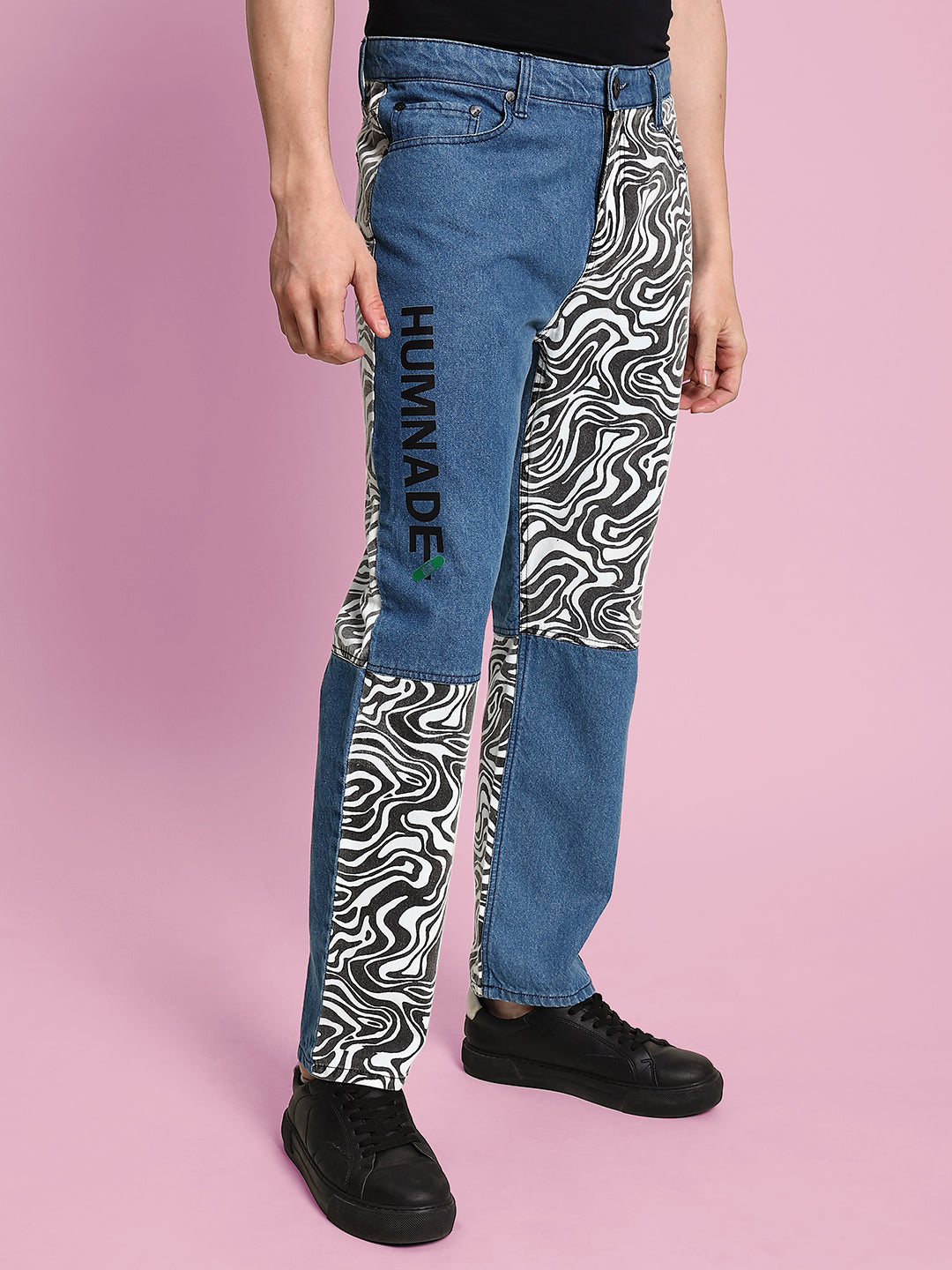 Men's Trendy Blue Jeans with Swirls Print Cut & Sew