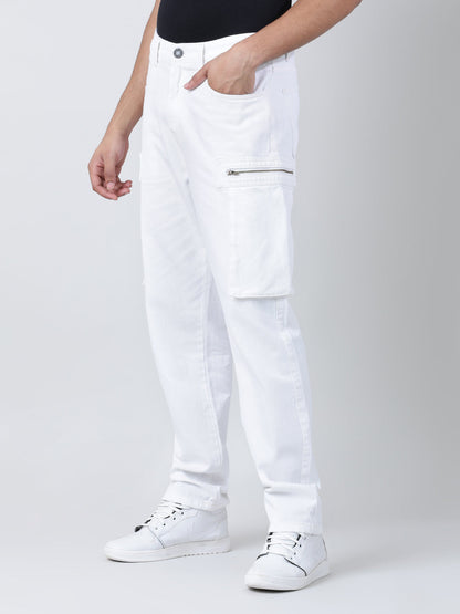 Men White Straight Fit Solid Cargo Jeans with Zipper Pockets