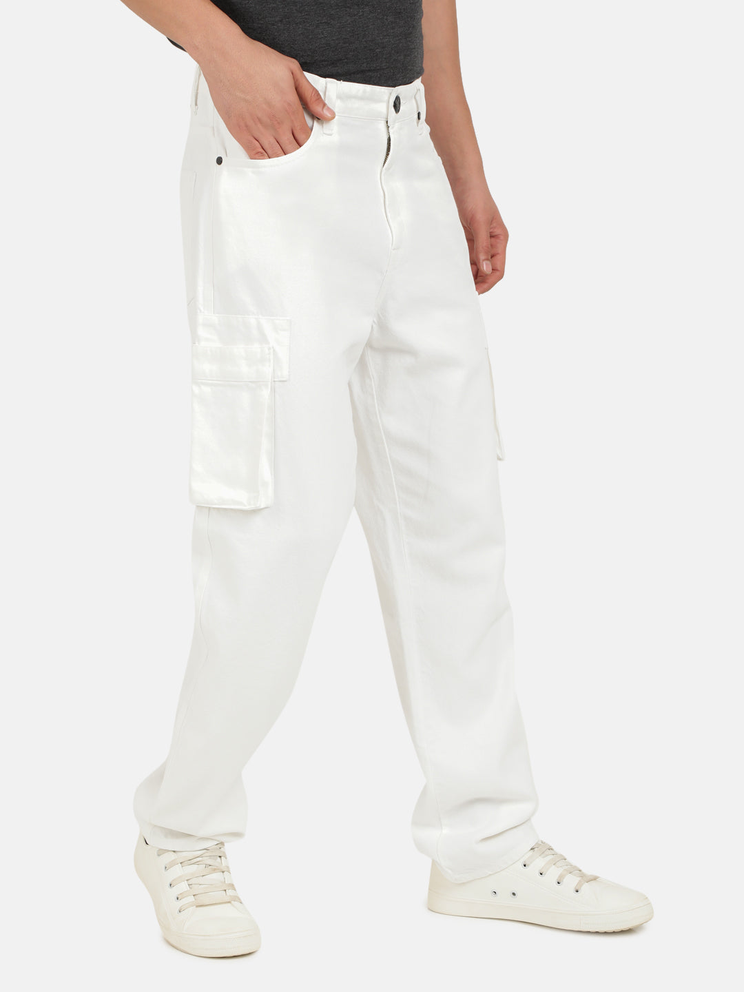 Men White Straight Fit Solid Denim Cargo Jeans