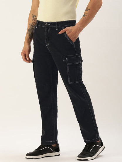 Men Charcoal Relaxed Fit Solid Cargo Jeans